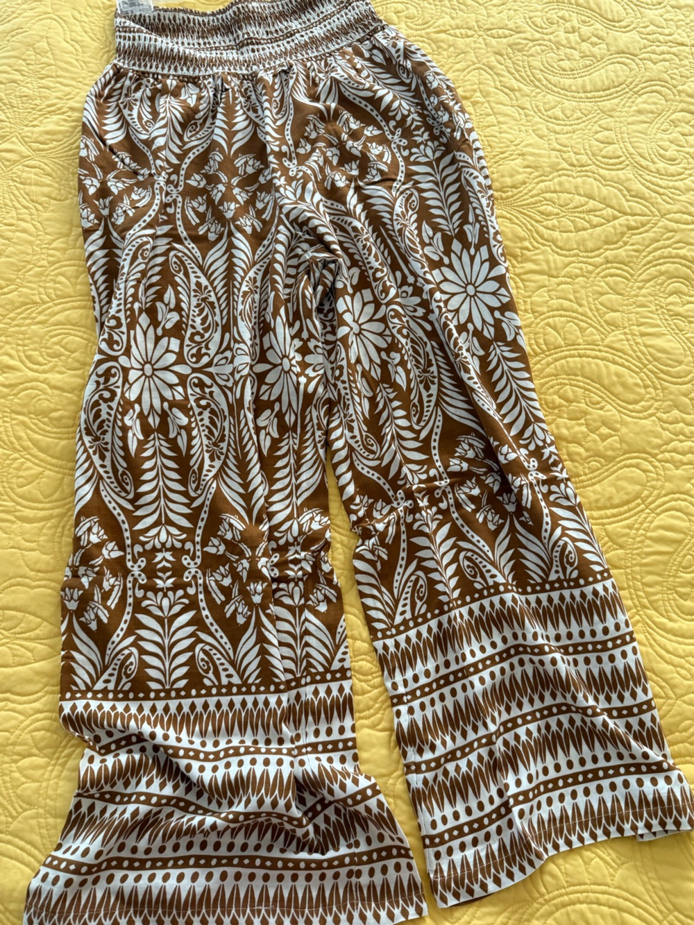 Brown and White Floral-Print Wide Leg Pants